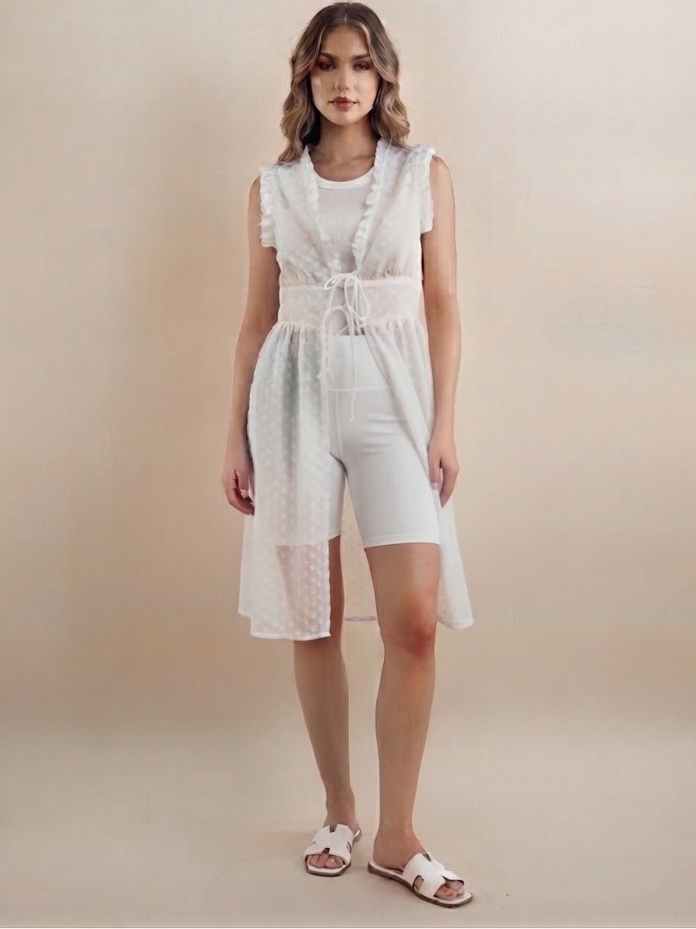 Girl Soul Sheer Polka Dot Tie-Waist Vest in White